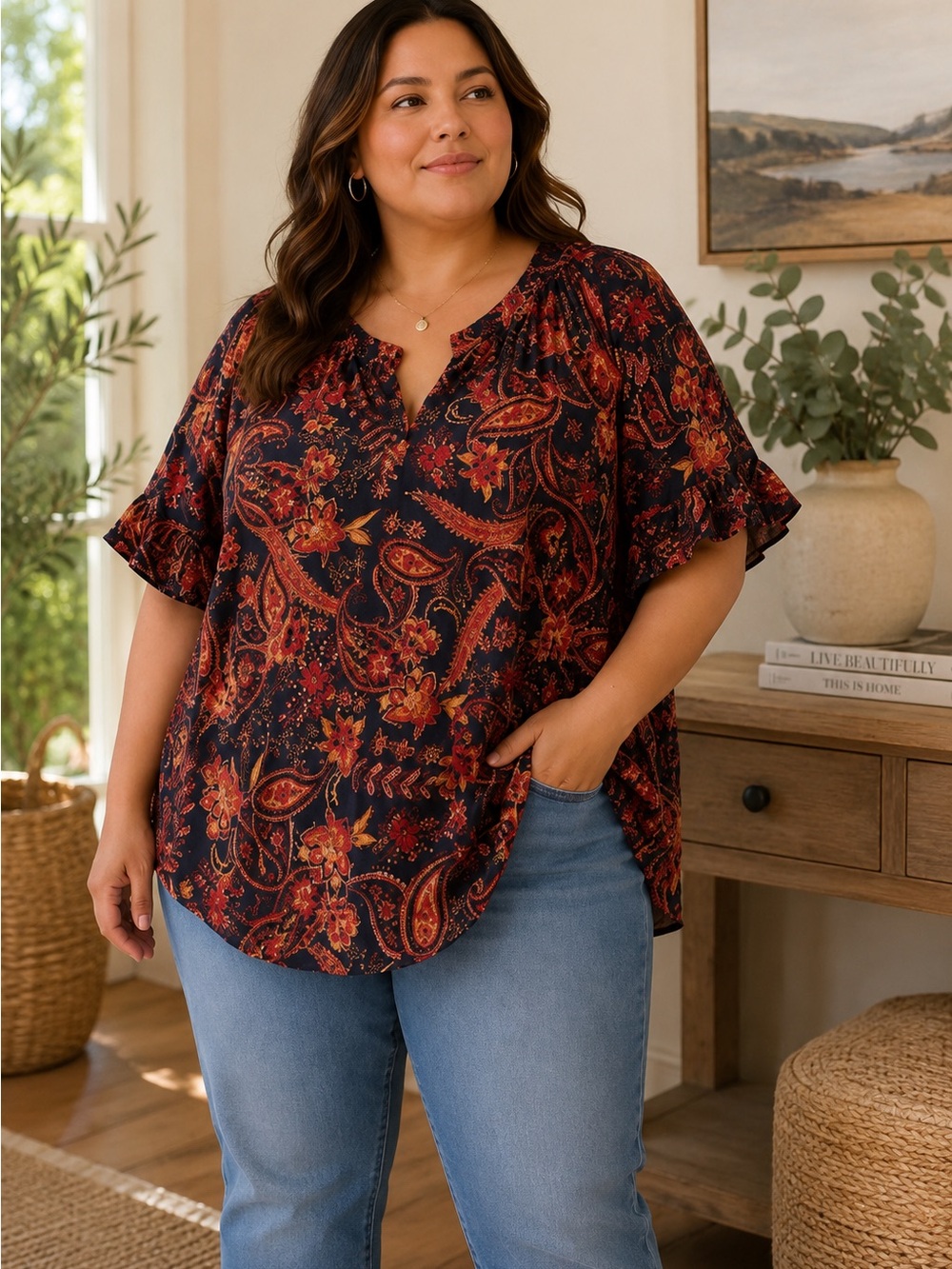 DR2 Navy Paisley Floral Short Sleeve Blouse